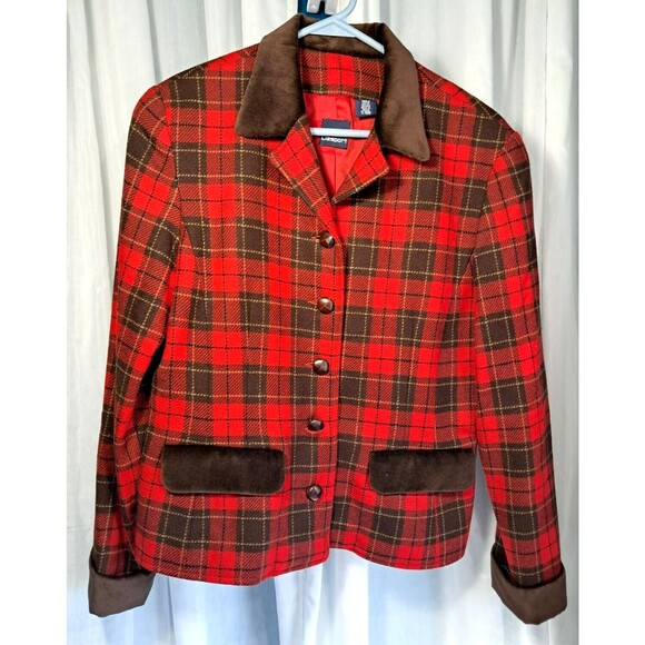 Vintage Liz Red Brown Equestrian Plaid Lined Wool Blend Riding Jacket Blazer 10 - Picture 1 of 12